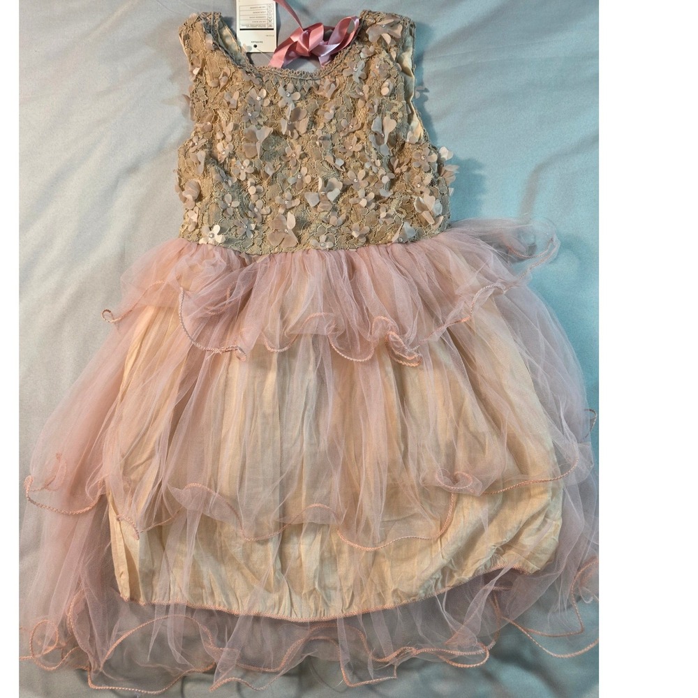 NNJXD Tulle Dress Girls S4-5 Years Pink Floral Lace Ruffle Party Gown NEW